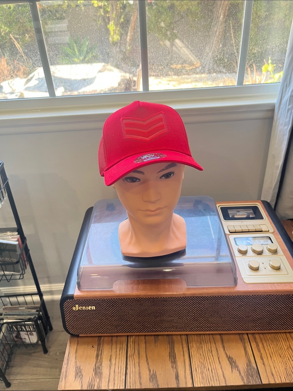 Red Mesh Trucker Hat with Chevron Patch